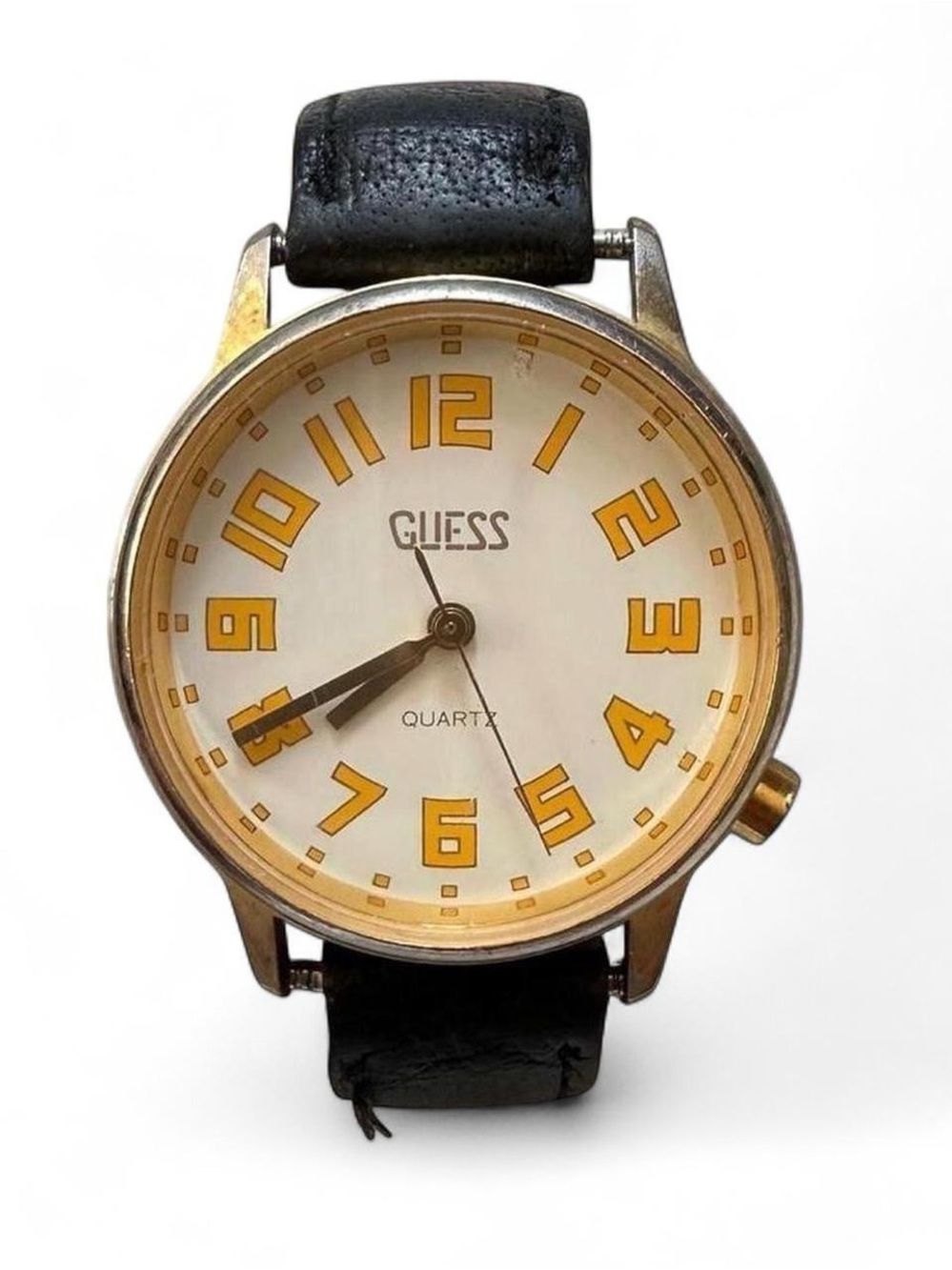 Vintage GUESS Men's Black Leather Strap Watch with Yellow Numerals
